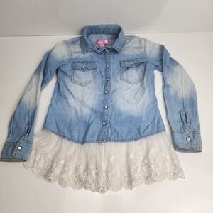 Say What? Denim Lace Chambray Button Up Top Shirt Girl's Size Small 7/8